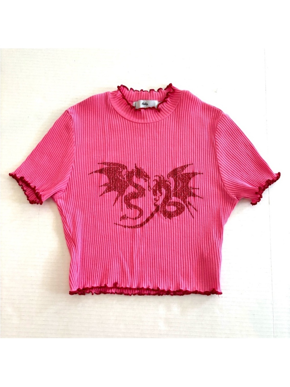 Pink Bedazzled Dragon ribbed crop top stretchy Junior M or Women’s Size S